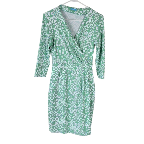 J. McLaughlin Green Geometric Print Faux Wrap Dress Catalina Cloth XS Stretch - Picture 1 of 13